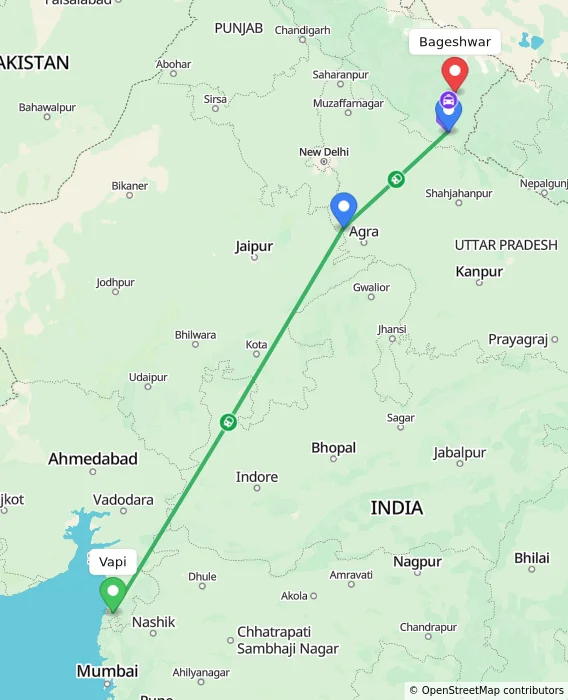 Route map showing distance and travel time from Vapi, India to Bageshwar, India