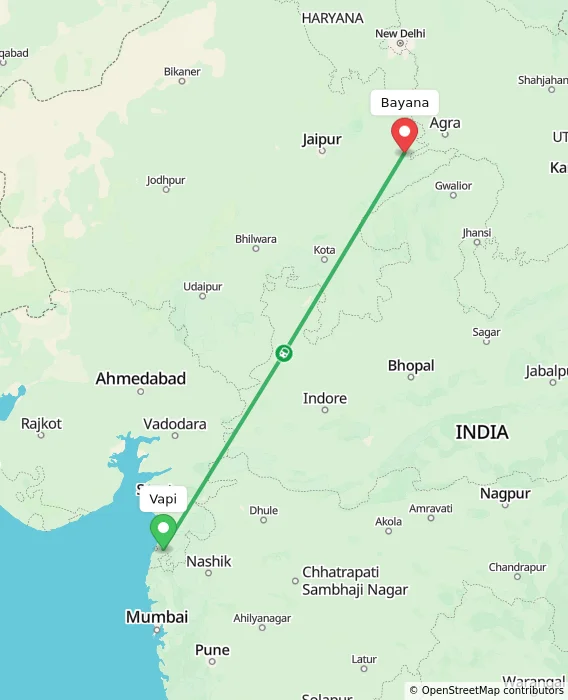 Route map showing distance and travel time from Vapi, India to Bayana, India
