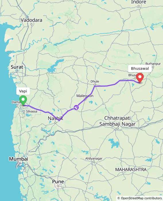 Route map showing distance and travel time from Vapi, India to Bhusawal, India