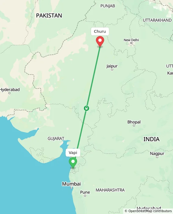 Route map showing distance and travel time from Vapi, India to Churu, India