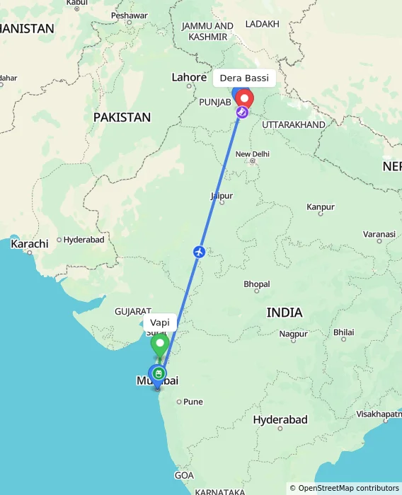 Route map showing distance and travel time from Vapi, India to Dera Bassi, India