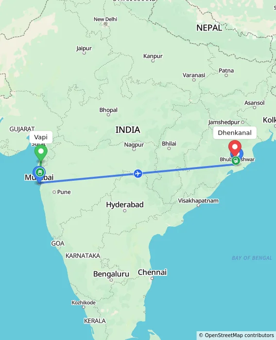 Route map showing distance and travel time from Vapi, India to Dhenkanal, India