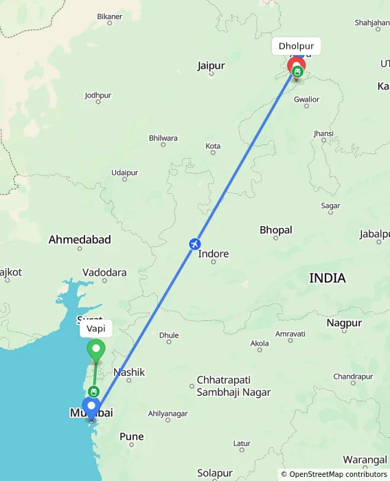 Route map showing distance and travel time from Vapi, India to Dholpur, India