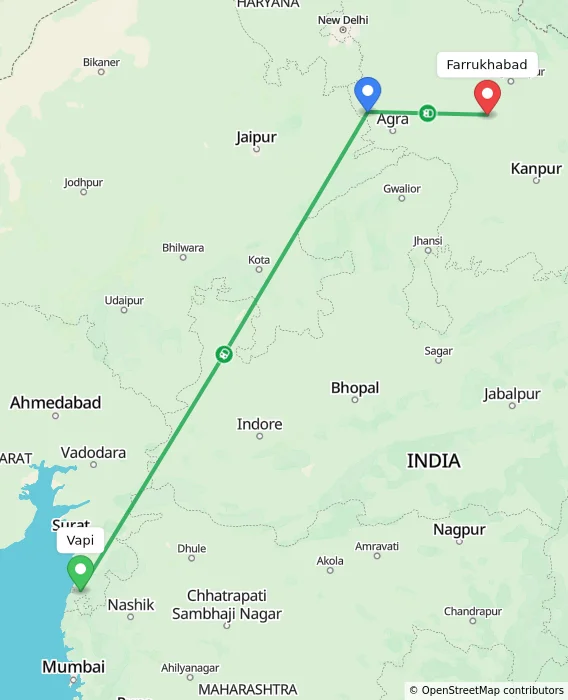 Route map showing distance and travel time from Vapi, India to Farrukhabad, India