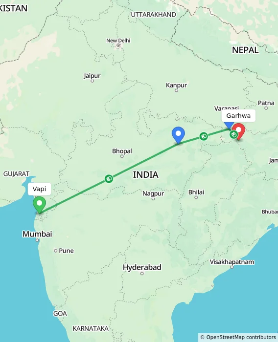 Route map showing distance and travel time from Vapi, India to Garhwa, India