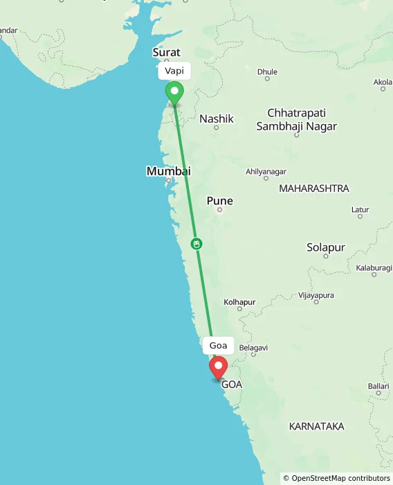 Route map showing distance and travel time from Vapi, India to Goa, India