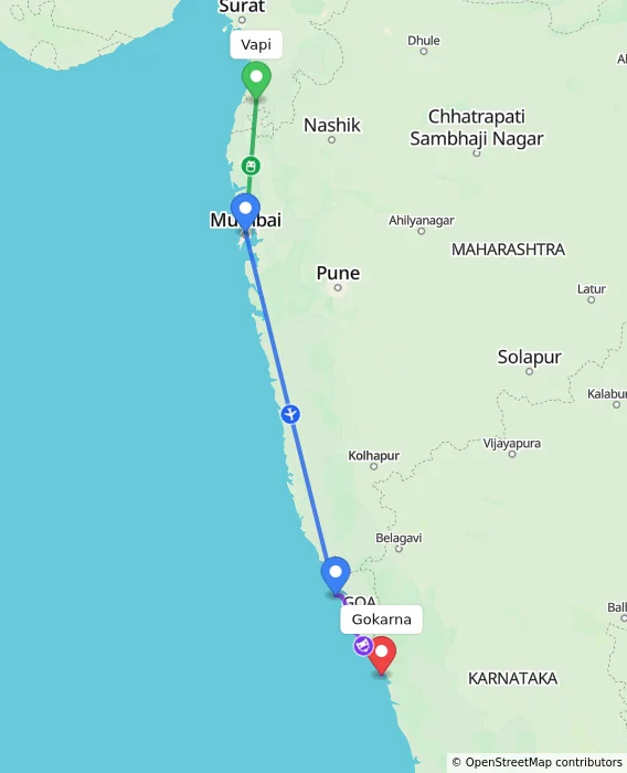 Route map showing distance and travel time from Vapi, India to Gokarna, India