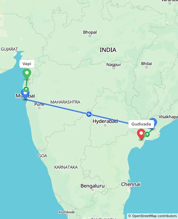 Route map showing distance and travel time from Vapi, India to Gudivada, India