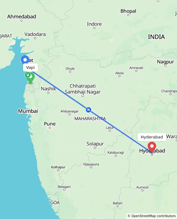Route map showing distance and travel time from Vapi, India to Hyderabad, India