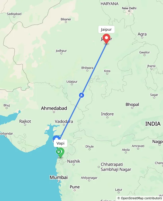 Route map showing distance and travel time from Vapi, India to Jaipur, India