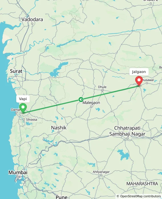 Route map showing distance and travel time from Vapi, India to Jalgaon, India