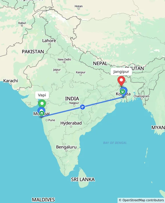 Route map showing distance and travel time from Vapi, India to Jangipur, India