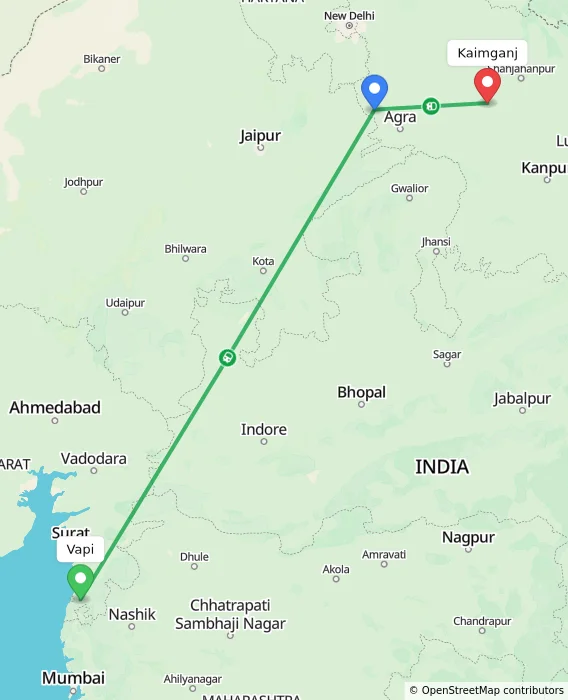Route map showing distance and travel time from Vapi, India to Kaimganj, India