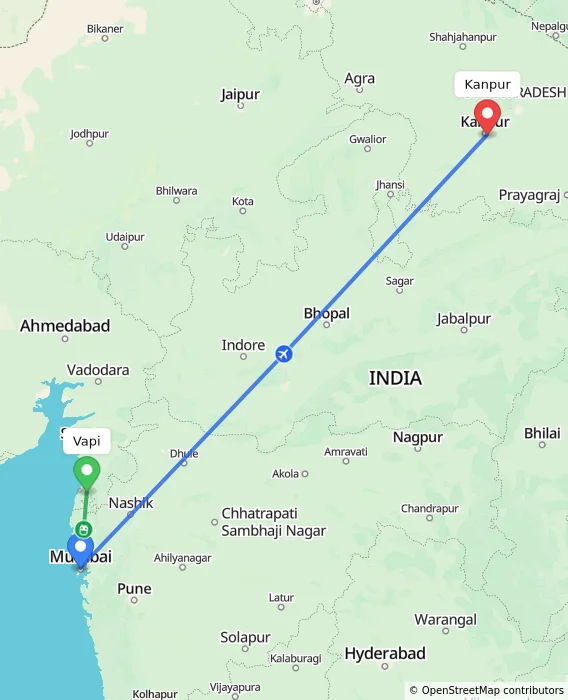 Route map showing distance and travel time from Vapi, India to Kanpur, India