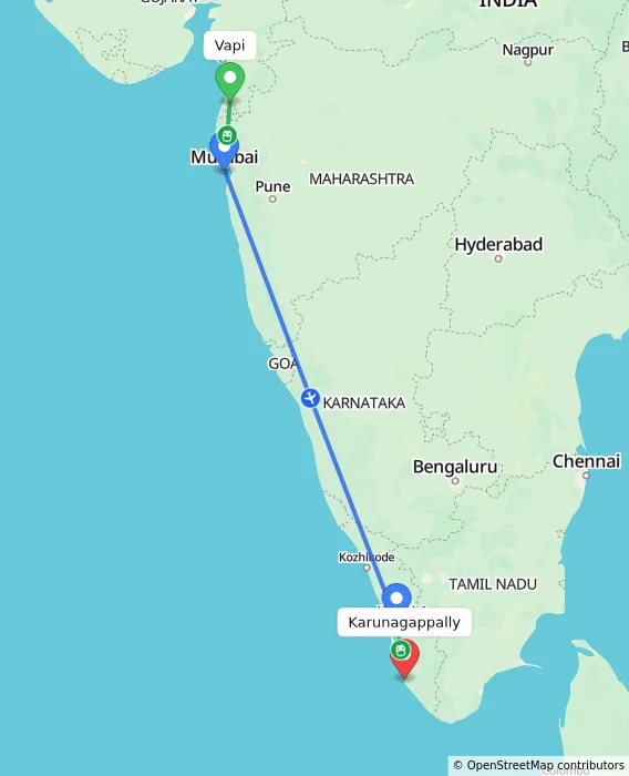 Route map showing distance and travel time from Vapi, India to Karunagappally, India