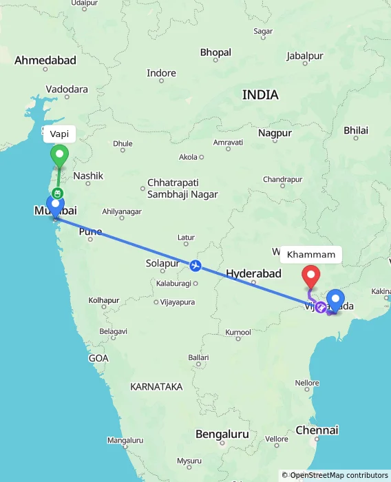 Route map showing distance and travel time from Vapi, India to Khammam, India