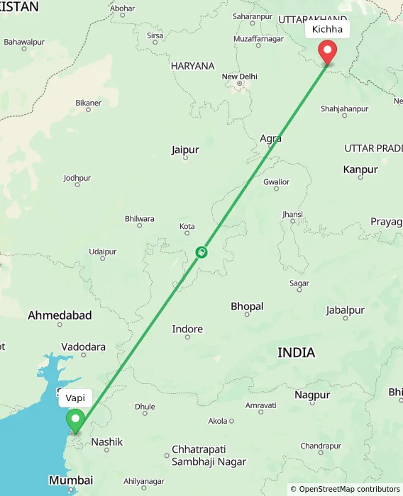 Route map showing distance and travel time from Vapi, India to Kichha, India