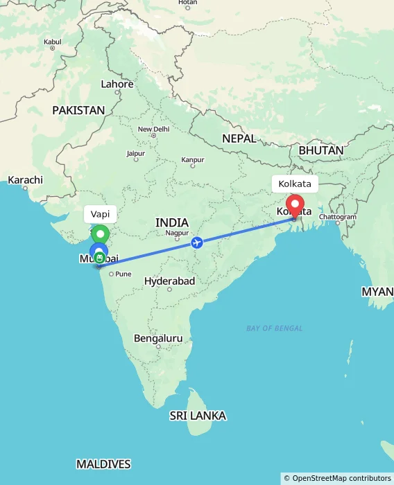 Route map showing distance and travel time from Vapi, India to Kolkata, India
