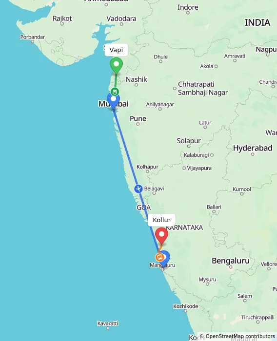 Route map showing distance and travel time from Vapi, India to Kollur, India