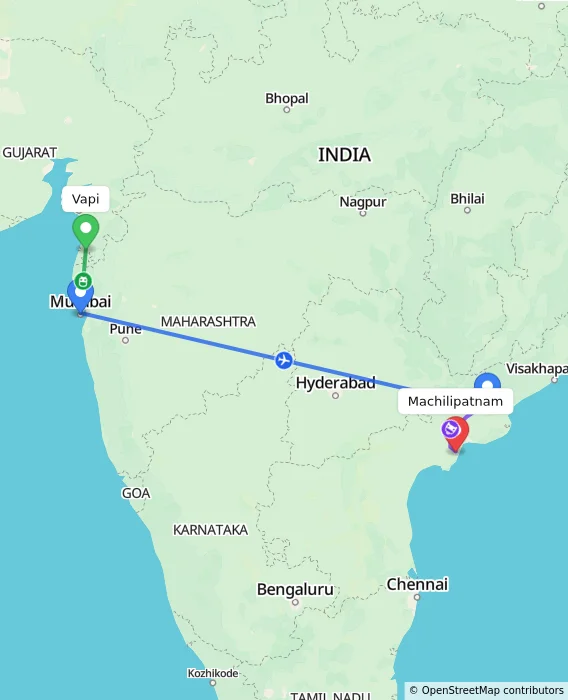 Route map showing distance and travel time from Vapi, India to Machilipatnam, India