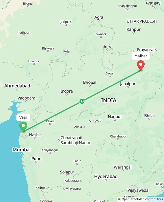 Route map showing distance and travel time from Vapi, India to Maihar, India
