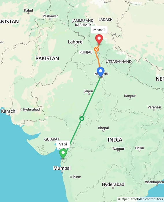 Route map showing distance and travel time from Vapi, India to Mandi, India