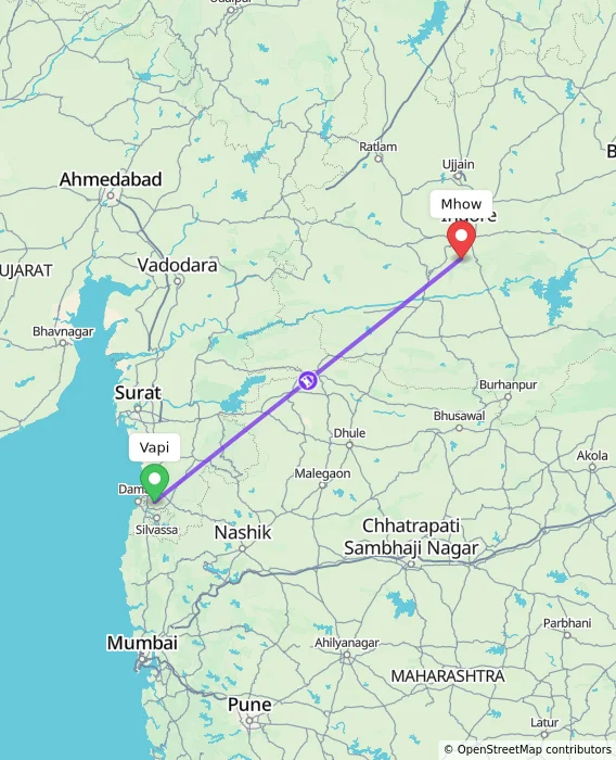 Route map showing distance and travel time from Vapi, India to Mhow, India