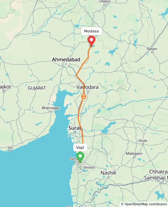 Route map showing distance and travel time from Vapi, India to Modasa, India