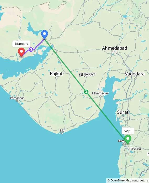 Route map showing distance and travel time from Vapi, India to Mundra, India