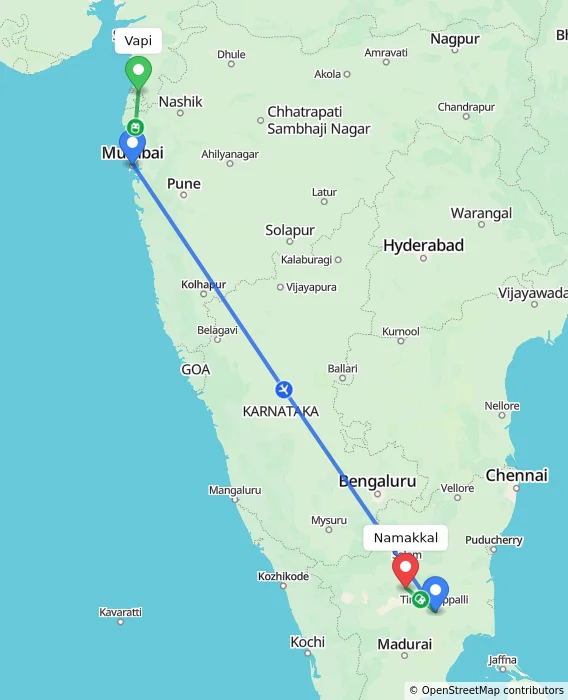 Route map showing distance and travel time from Vapi, India to Namakkal, India