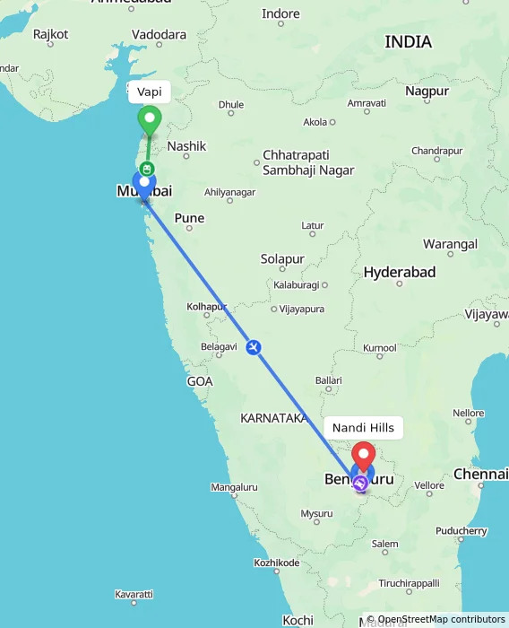 Route map showing distance and travel time from Vapi, India to Nandi Hills, India