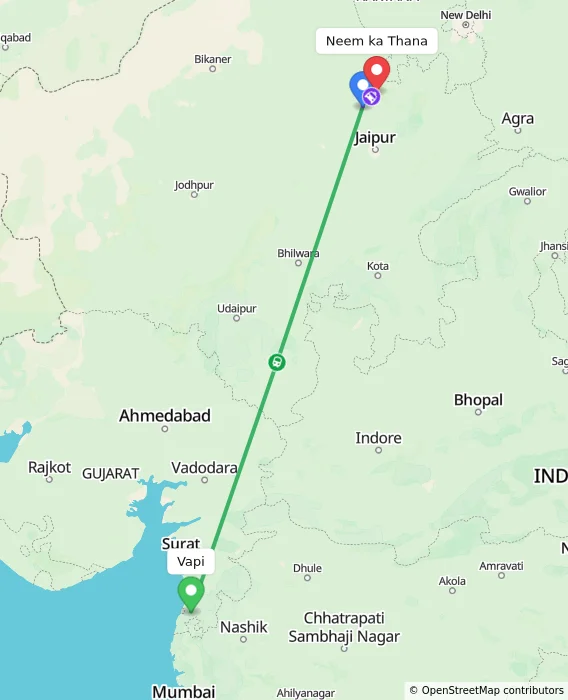 Route map showing distance and travel time from Vapi, India to Neem ka Thana, India
