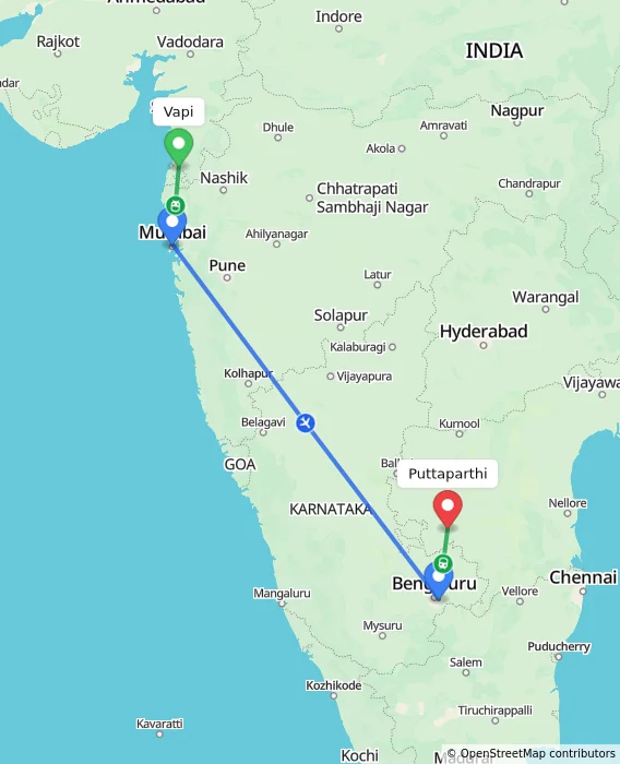 Route map showing distance and travel time from Vapi, India to Puttaparthi, India