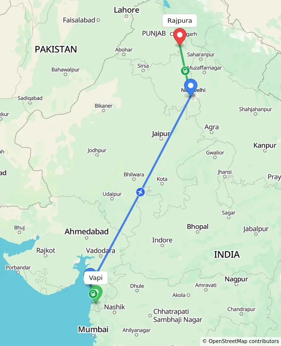 Route map showing distance and travel time from Vapi, India to Rajpura, India