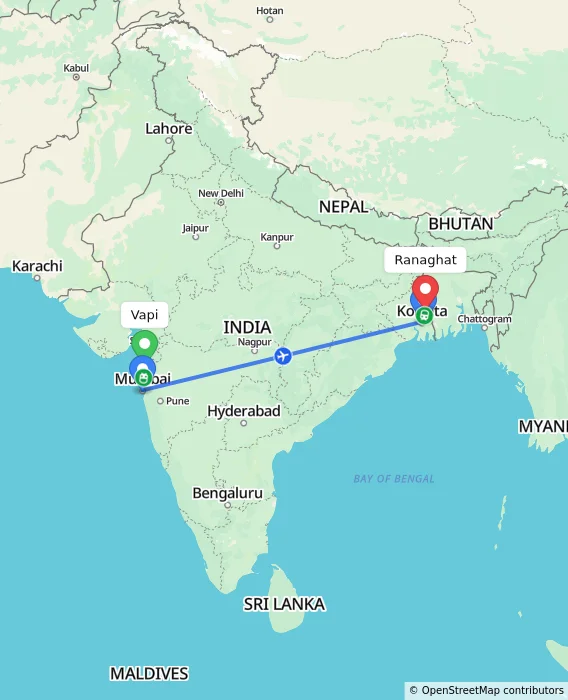 Route map showing distance and travel time from Vapi, India to Ranaghat, India