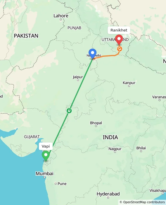 Route map showing distance and travel time from Vapi, India to Ranikhet, India