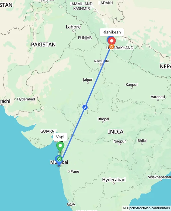 Route map showing distance and travel time from Vapi, India to Rishikesh, India