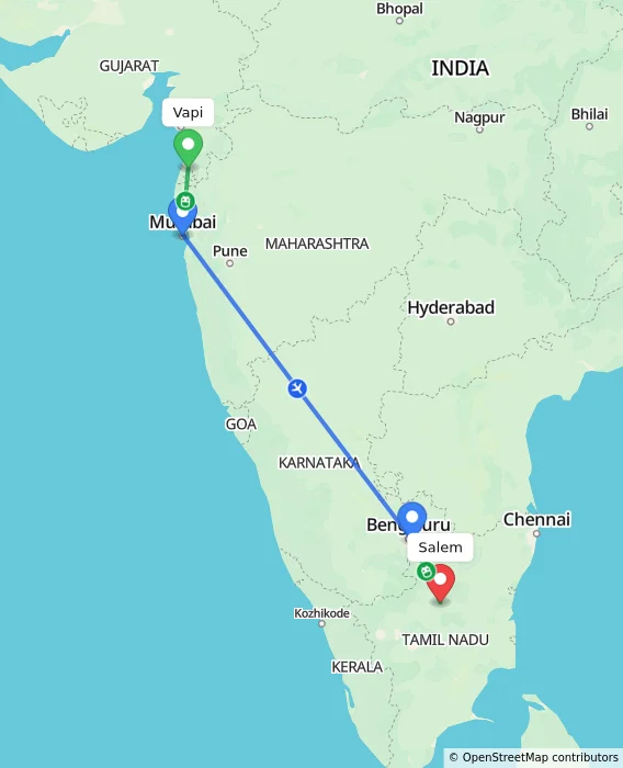 Route map showing distance and travel time from Vapi, India to Salem, India