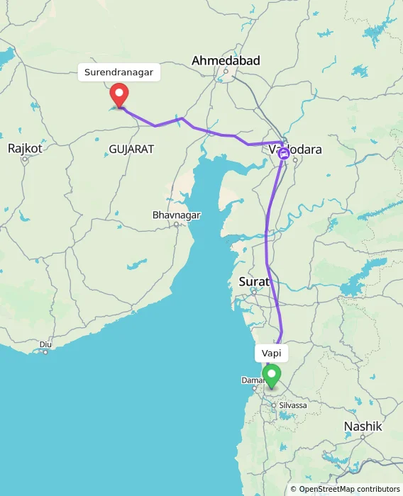 Route map showing distance and travel time from Vapi, India to Surendranagar, India