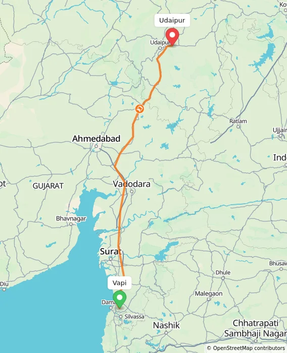 Route map showing distance and travel time from Vapi, India to Udaipur, India