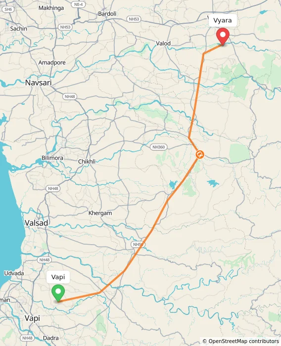 Route map showing distance and travel time from Vapi, India to Vyara, India