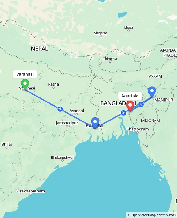 Route map showing distance and travel time from Varanasi, India to Agartala, India