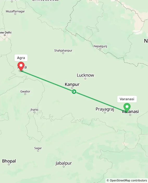 Route map showing distance and travel time from Varanasi, India to Agra, India
