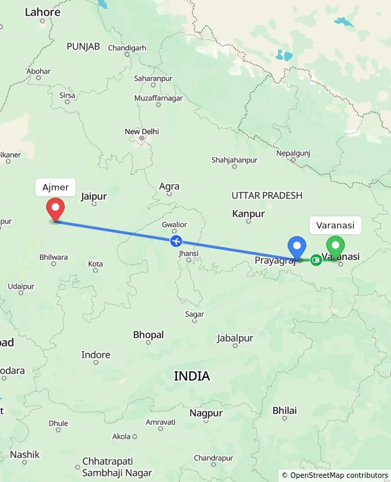Route map showing distance and travel time from Varanasi, India to Ajmer, India