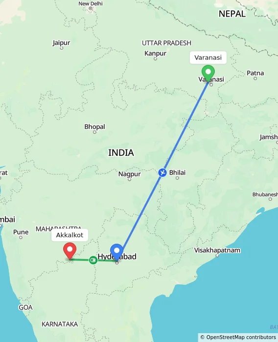 Route map showing distance and travel time from Varanasi, India to Akkalkot, India