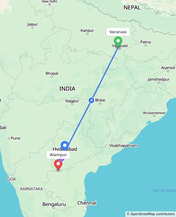 Route map showing distance and travel time from Varanasi, India to Alampur, India