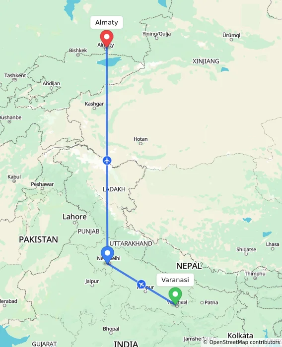 Route map showing distance and travel time from Varanasi, India to Almaty, Kazakhstan