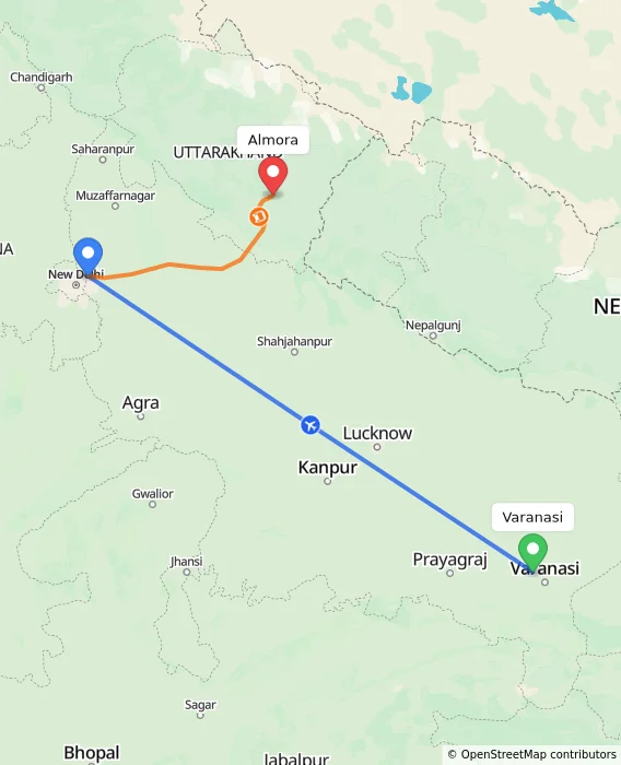 Route map showing distance and travel time from Varanasi, India to Almora, India