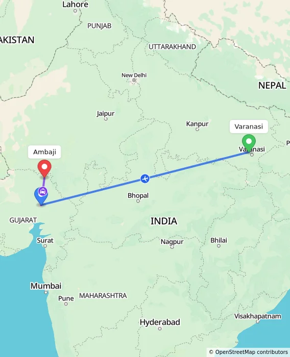 Route map showing distance and travel time from Varanasi, India to Ambaji, India