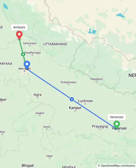 Route map showing distance and travel time from Varanasi, India to Ambala, India